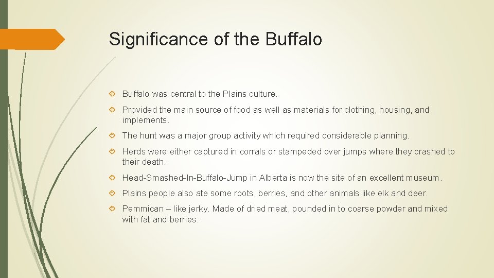 Significance of the Buffalo was central to the Plains culture. Provided the main source