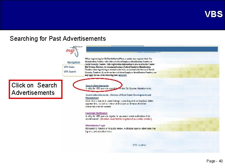 VBS Searching for Past Advertisements Click on Search Advertisements Page - 40 