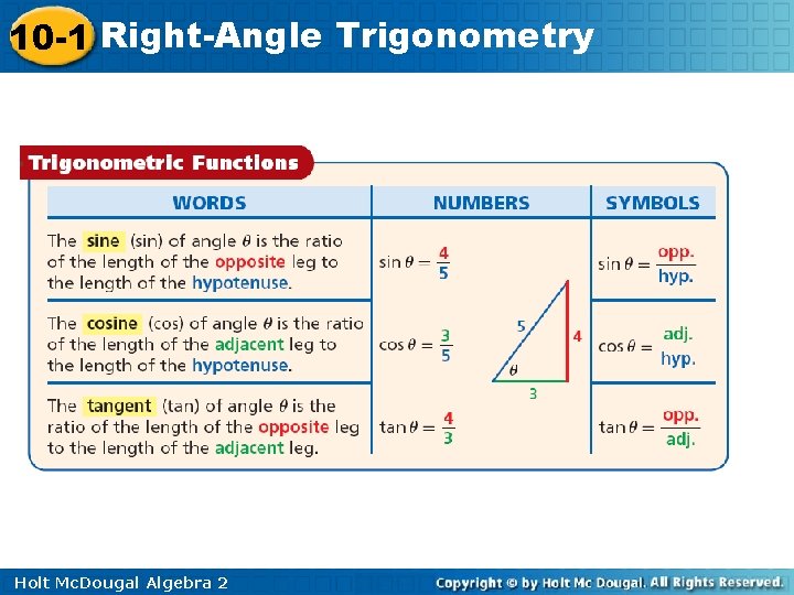 10 -1 Right-Angle Trigonometry Holt Mc. Dougal Algebra 2 