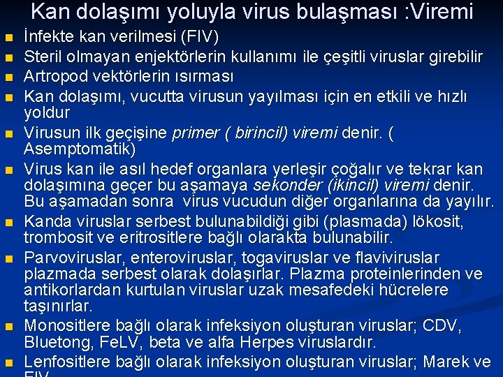 Kan dolaşımı yoluyla virus bulaşması : Viremi n n n n n İnfekte kan