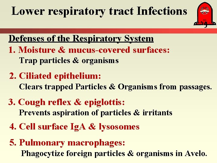 Lower respiratory tract Infections Defenses of the Respiratory System 1. Moisture & mucus-covered surfaces: