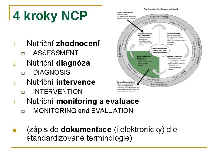 4 kroky NCP Nutriční zhodnocení 1. p Nutriční diagnóza 2. p DIAGNOSIS Nutriční intervence