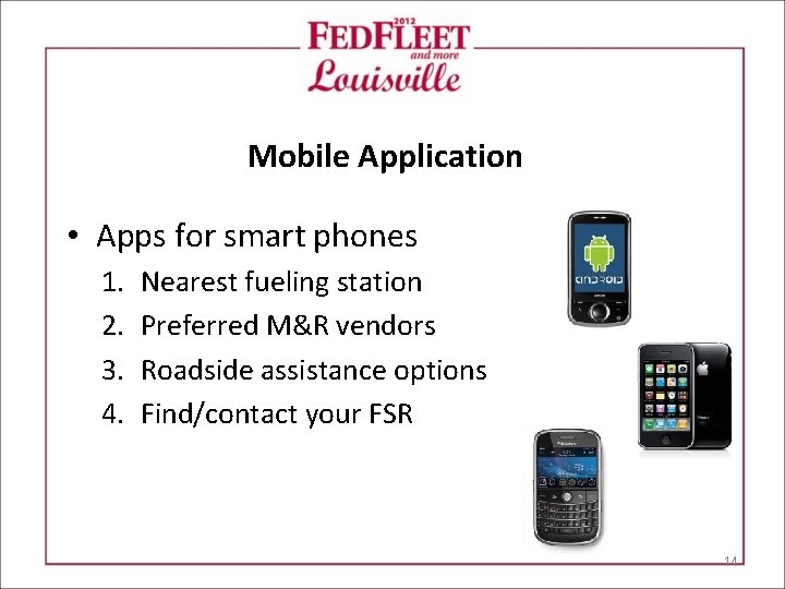 Mobile Application • Apps for smart phones 1. 2. 3. 4. Nearest fueling station