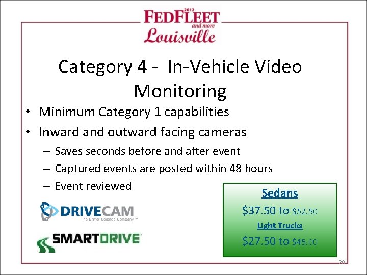 Category 4 - In-Vehicle Video Monitoring • Minimum Category 1 capabilities • Inward and