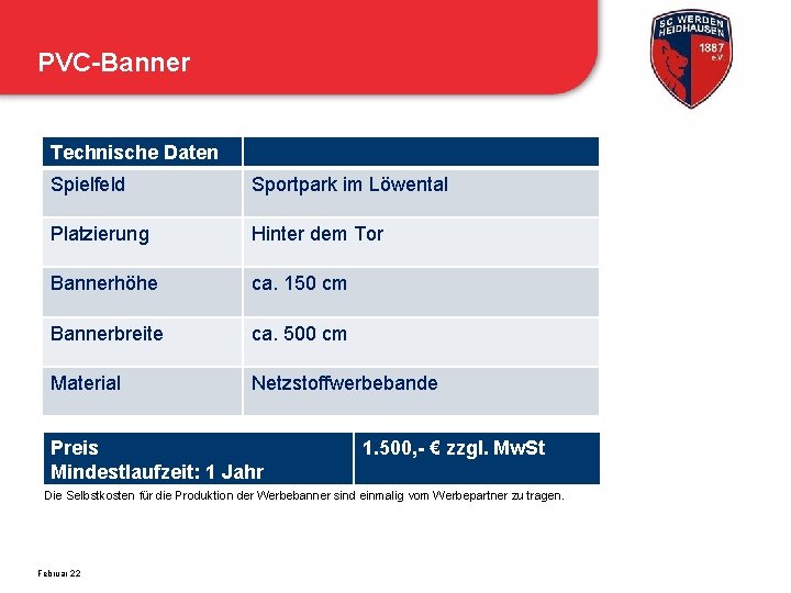 PVC-Banner Technische Daten Spielfeld Sportpark im Löwental Platzierung Hinter dem Tor Bannerhöhe ca. 150