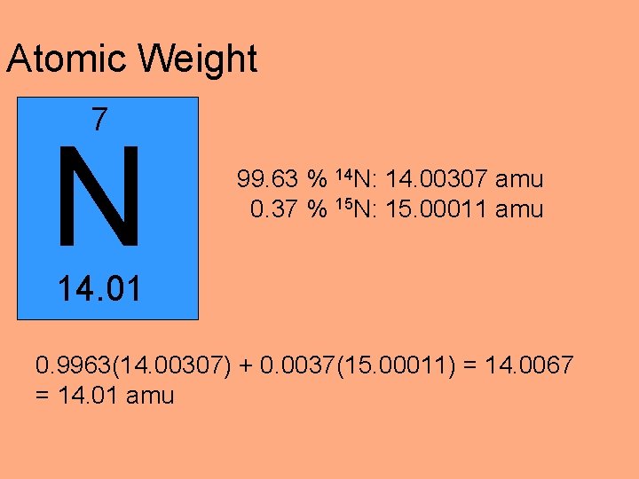 Atomic Weight 7 N 99. 63 % 14 N: 14. 00307 amu 0. 37