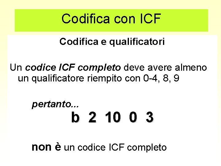 Codifica con ICF Codifica e qualificatori Un codice ICF completo deve avere almeno un