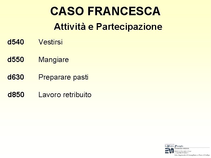 CASO FRANCESCA Attività e Partecipazione d 540 Vestirsi d 550 Mangiare d 630 Preparare