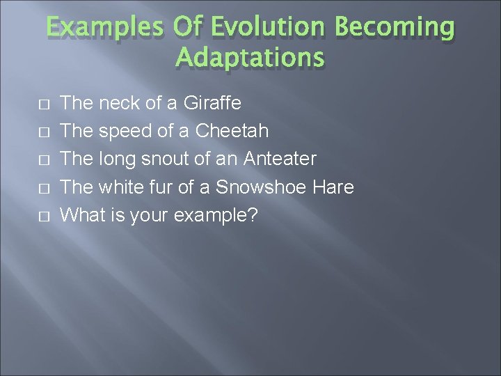 Examples Of Evolution Becoming Adaptations � � � The neck of a Giraffe The