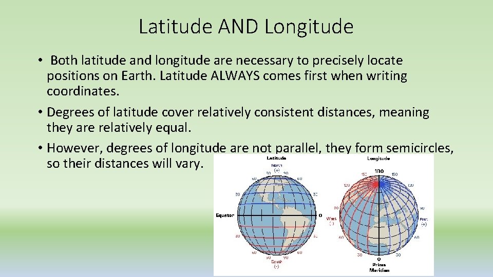 Latitude AND Longitude • Both latitude and longitude are necessary to precisely locate positions