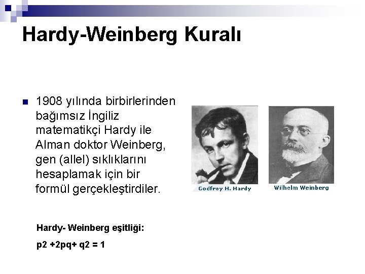 Hardy-Weinberg Kuralı n 1908 yılında birbirlerinden bağımsız İngiliz matematikçi Hardy ile Alman doktor Weinberg,