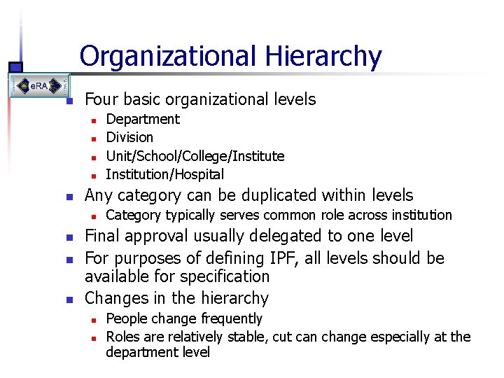 Organizational Hierarchy n Four basic organizational levels n n n Any category can be