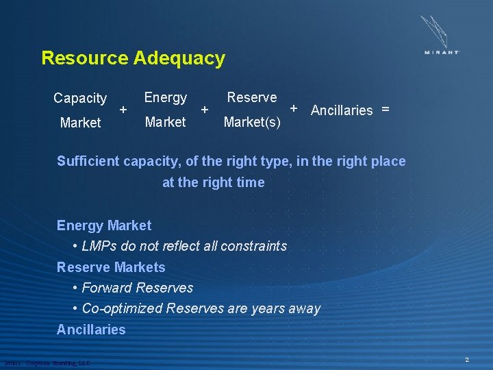 Resource Adequacy Capacity Market + Energy Market + Reserve Market(s) + Ancillaries = Sufficient
