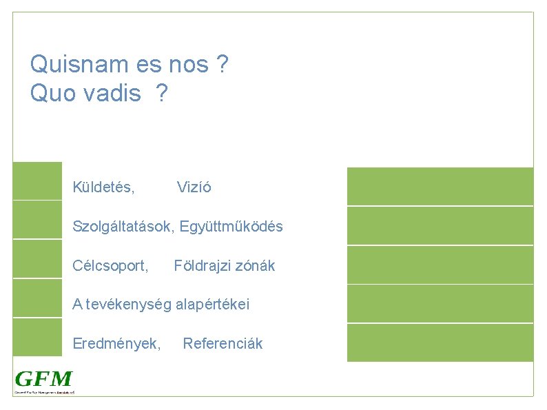 Quisnam es nos ? Quo vadis ? Küldetés, Vizíó Szolgáltatások, Együttműködés Célcsoport, Földrajzi zónák