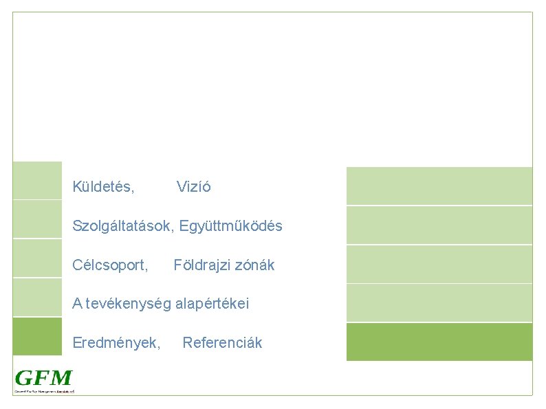 Küldetés, Vizíó Szolgáltatások, Együttműködés Célcsoport, Földrajzi zónák A tevékenység alapértékei Eredmények, Referenciák 