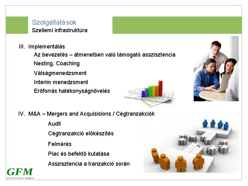 Szolgáltatások Szellemi infrastruktúra III. Implementálás Az bevezetés – átmenetben való támogató asszisztencia Nesting, Coaching