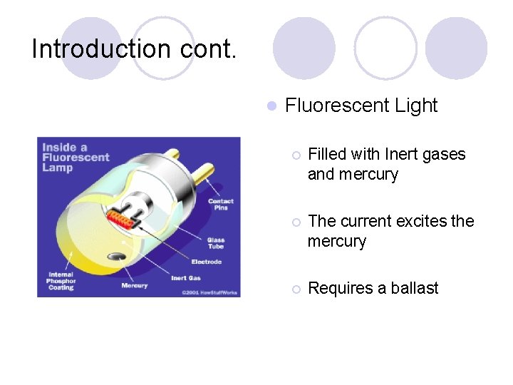Introduction cont. l Fluorescent Light ¡ Filled with Inert gases and mercury ¡ The