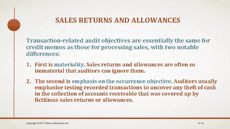 SALES RETURNS AND ALLOWANCES Transaction-related audit objectives are essentially the same for credit memos