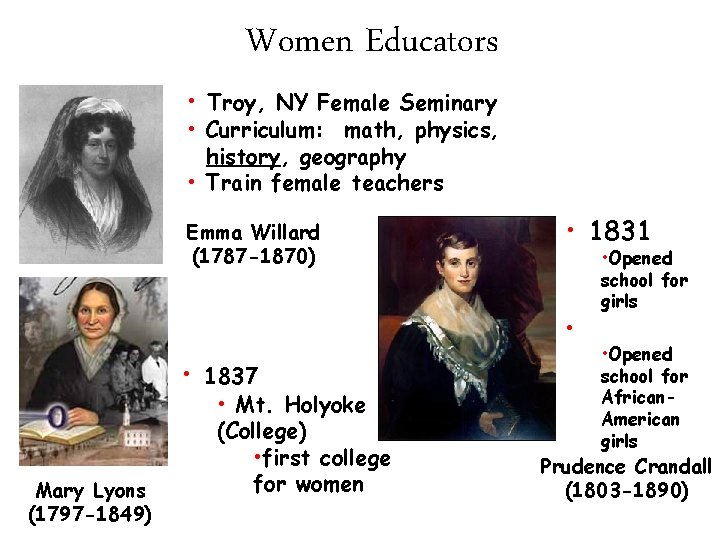 Women Educators • Troy, NY Female Seminary • Curriculum: math, physics, history, geography • Women Educators • Troy, NY Female Seminary • Curriculum: math, physics, history, geography •