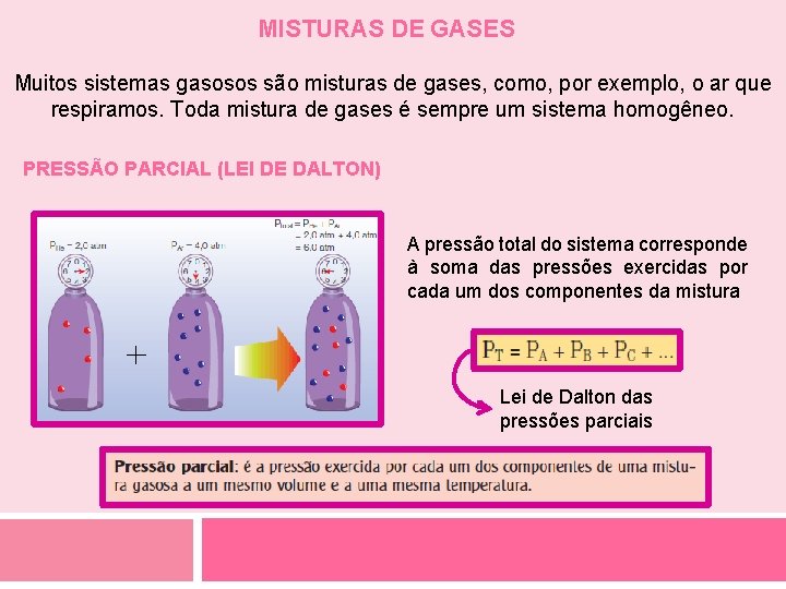 MISTURAS DE GASES Muitos sistemas gasosos são misturas de gases, como, por exemplo, o