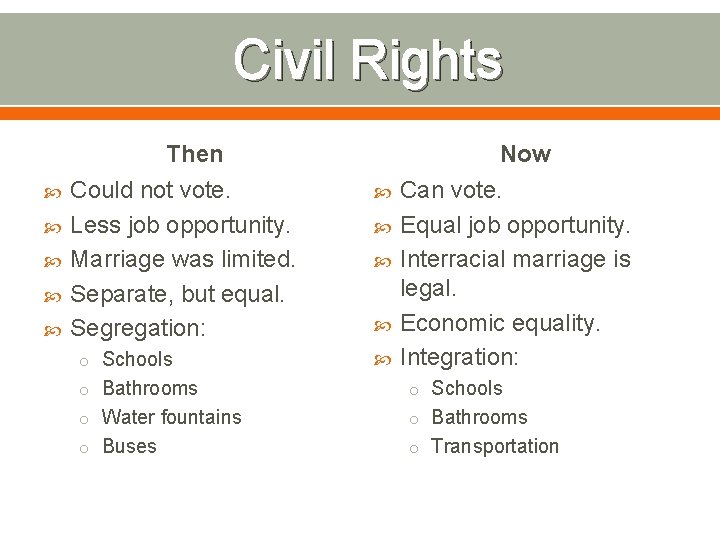Civil Rights Then Could not vote. Less job opportunity. Marriage was limited. Separate, but