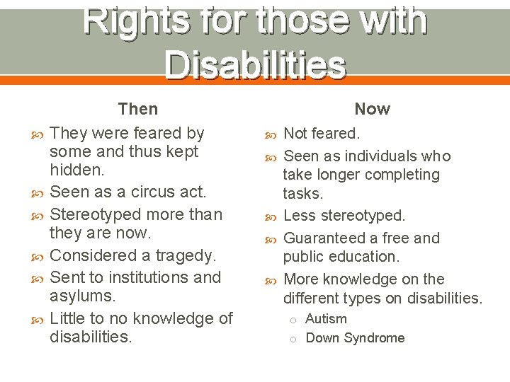 Rights for those with Disabilities Then They were feared by some and thus kept