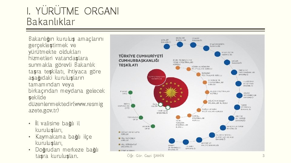 I. YÜRÜTME ORGANI Bakanlıklar Bakanlığın kuruluş amaçlarını gerçekleştirmek ve yürütmekte oldukları hizmetleri vatandaşlara sunmakla