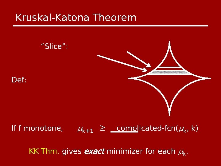 Kruskal-Katona Theorem “Slice”: Def: If f monotone, μk+1 ≥ complicated-fcn(μk, k) KK Thm. gives