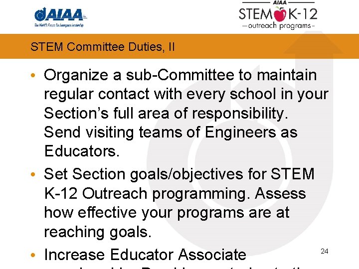 STEM Committee Duties, II • Organize a sub-Committee to maintain regular contact with every