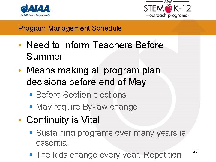 Program Management Schedule • Need to Inform Teachers Before Summer • Means making all