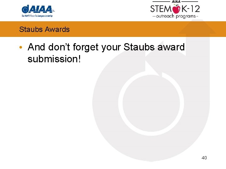 Staubs Awards • And don’t forget your Staubs award submission! 40 