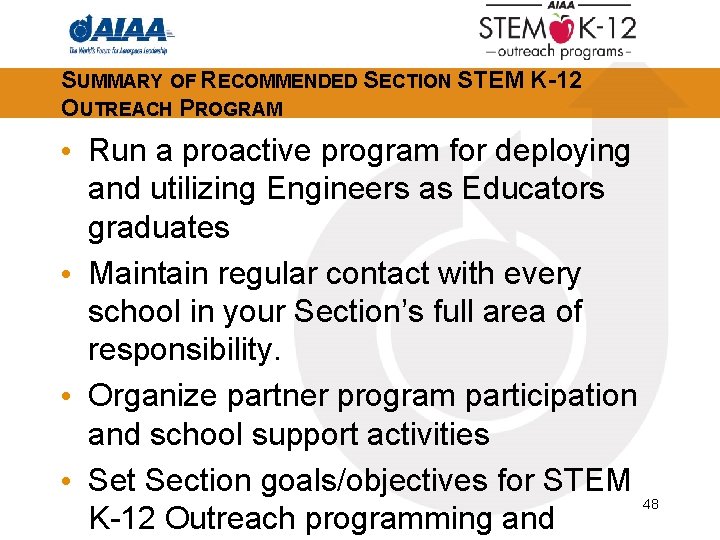 SUMMARY OF RECOMMENDED SECTION STEM K-12 OUTREACH PROGRAM • Run a proactive program for