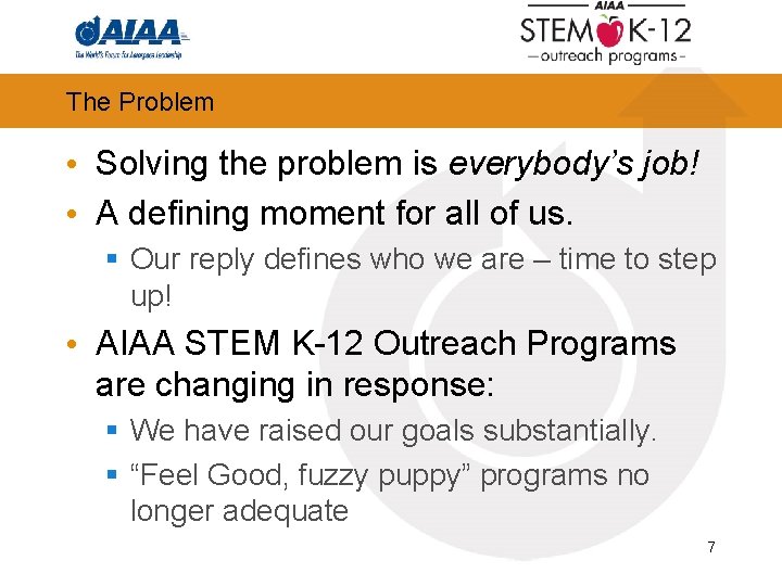 The Problem • Solving the problem is everybody’s job! • A defining moment for