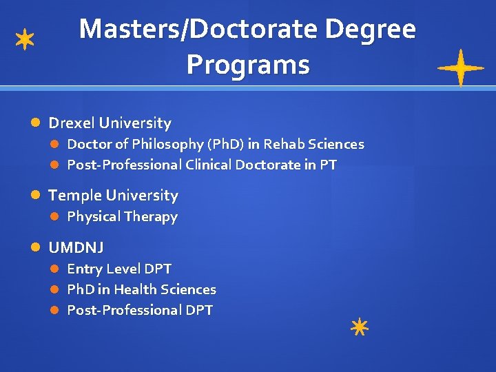Masters/Doctorate Degree Programs Drexel University Doctor of Philosophy (Ph. D) in Rehab Sciences Post-Professional
