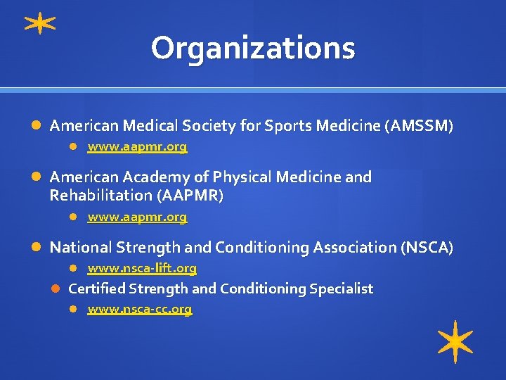 Organizations American Medical Society for Sports Medicine (AMSSM) www. aapmr. org American Academy of