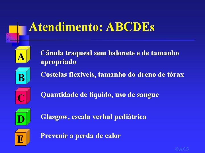 Atendimento: ABCDEs A Cânula traqueal sem balonete e de tamanho apropriado B Costelas flexíveis,