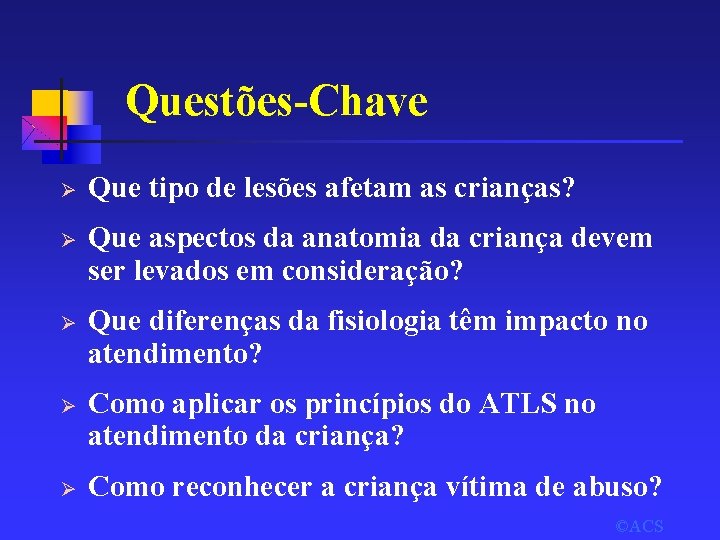 Questões-Chave Ø Que tipo de lesões afetam as crianças? Ø Que aspectos da anatomia