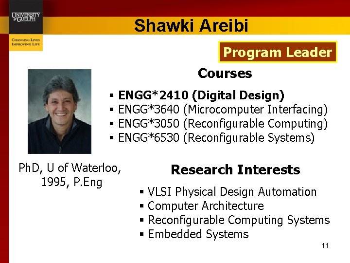 Shawki Areibi Program Leader Courses § § ENGG*2410 (Digital Design) ENGG*3640 (Microcomputer Interfacing) ENGG*3050