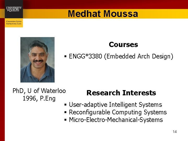 Medhat Moussa Courses § ENGG*3380 (Embedded Arch Design) Ph. D, U of Waterloo Research