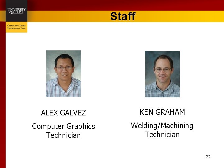 Staff ALEX GALVEZ KEN GRAHAM Computer Graphics Technician Welding/Machining Technician 22 