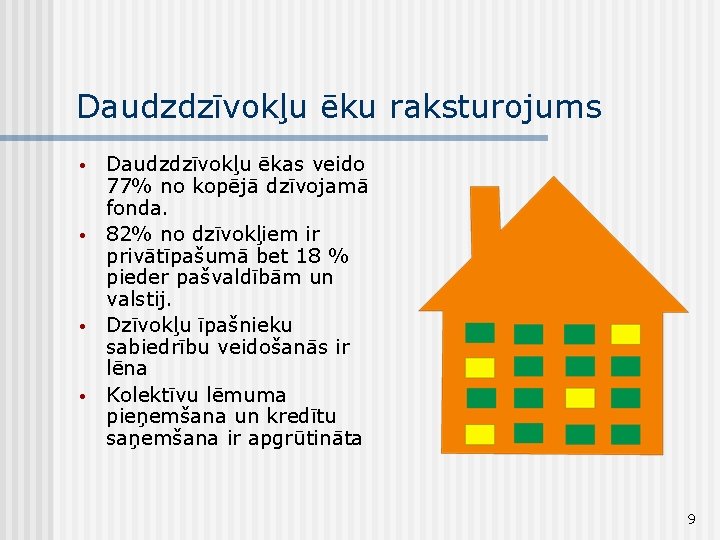 Daudzdzīvokļu ēku raksturojums • • Daudzdzīvokļu ēkas veido 77% no kopējā dzīvojamā fonda. 82%