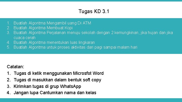 Tugas KD 3. 1 1. Buatlah Algoritma Mengambil uang Di ATM 2. Buatlah Algoritma