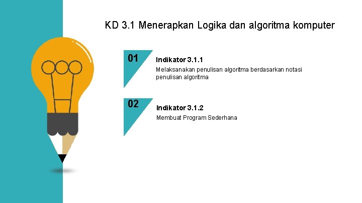 KD 3. 1 Menerapkan Logika dan algoritma komputer 01 Indikator 3. 1. 1 Melaksanakan