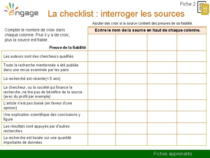 Fiche 2 La checklist : interroger les sources Ajouter des croix si la source