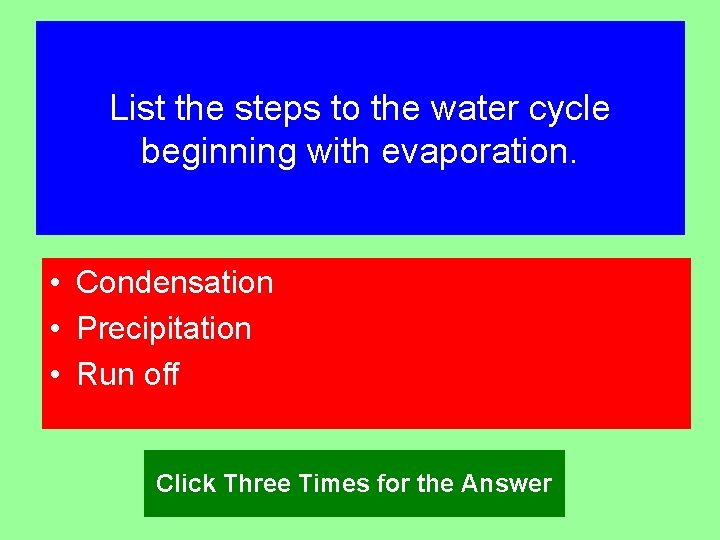 List the steps to the water cycle beginning with evaporation. • Condensation • Precipitation