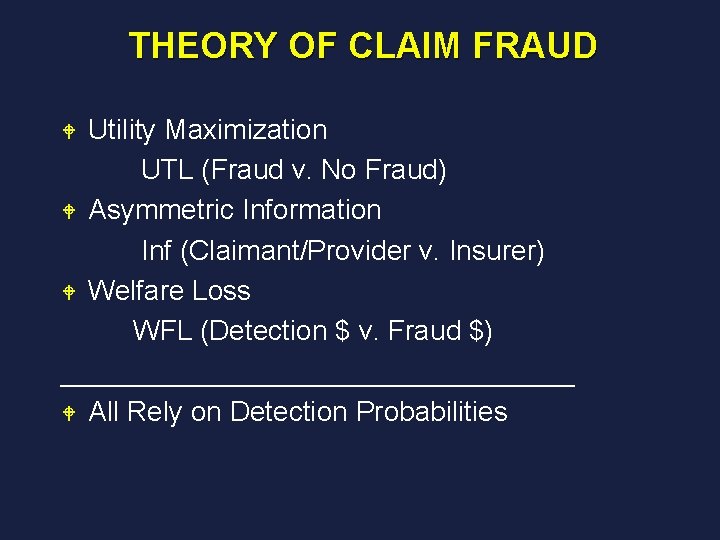THEORY OF CLAIM FRAUD Utility Maximization UTL (Fraud v. No Fraud) W Asymmetric Information