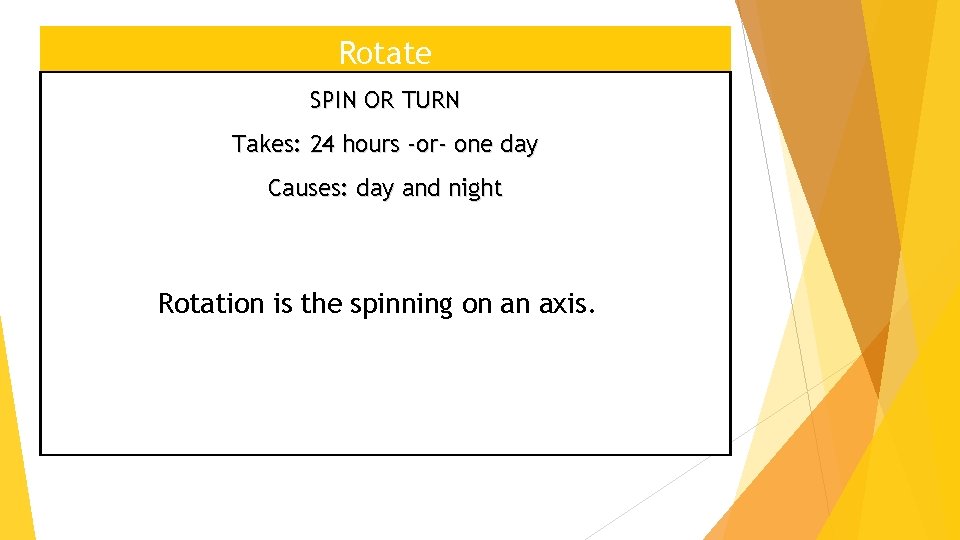 Rotate SPIN OR TURN Takes: 24 hours -or- one day Causes: day and night