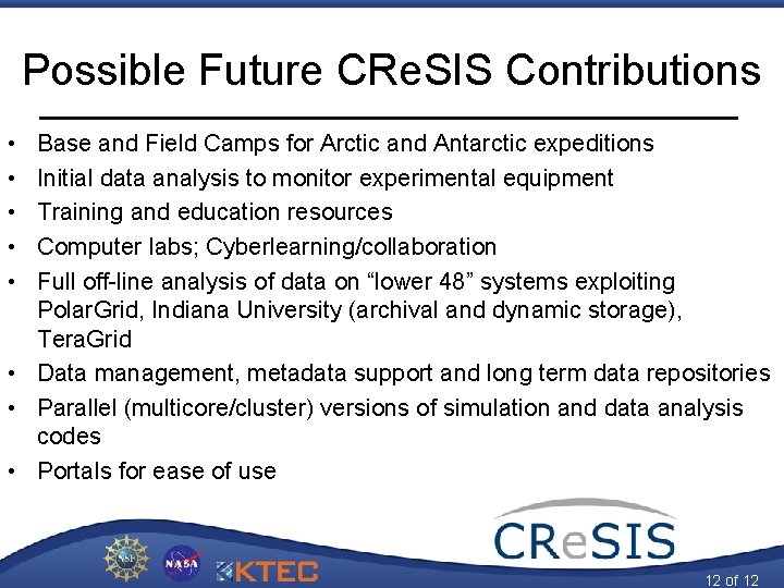 Possible Future CRe. SIS Contributions • • • Base and Field Camps for Arctic