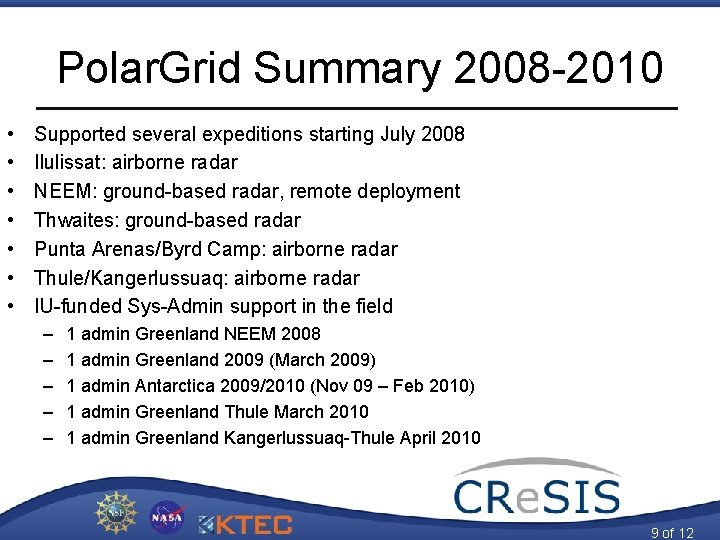 Polar. Grid Summary 2008 -2010 • • Supported several expeditions starting July 2008 Ilulissat: