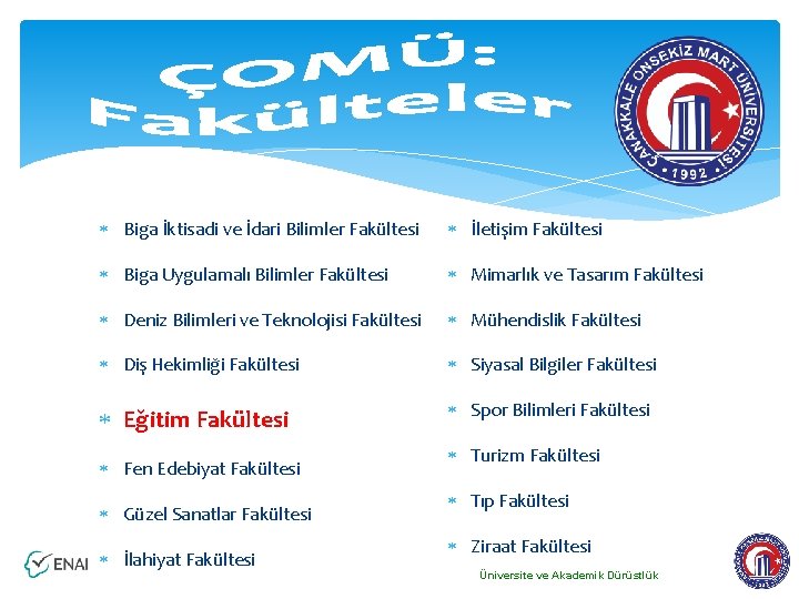  Biga İktisadi ve İdari Bilimler Fakültesi İletişim Fakültesi Biga Uygulamalı Bilimler Fakültesi Mimarlık